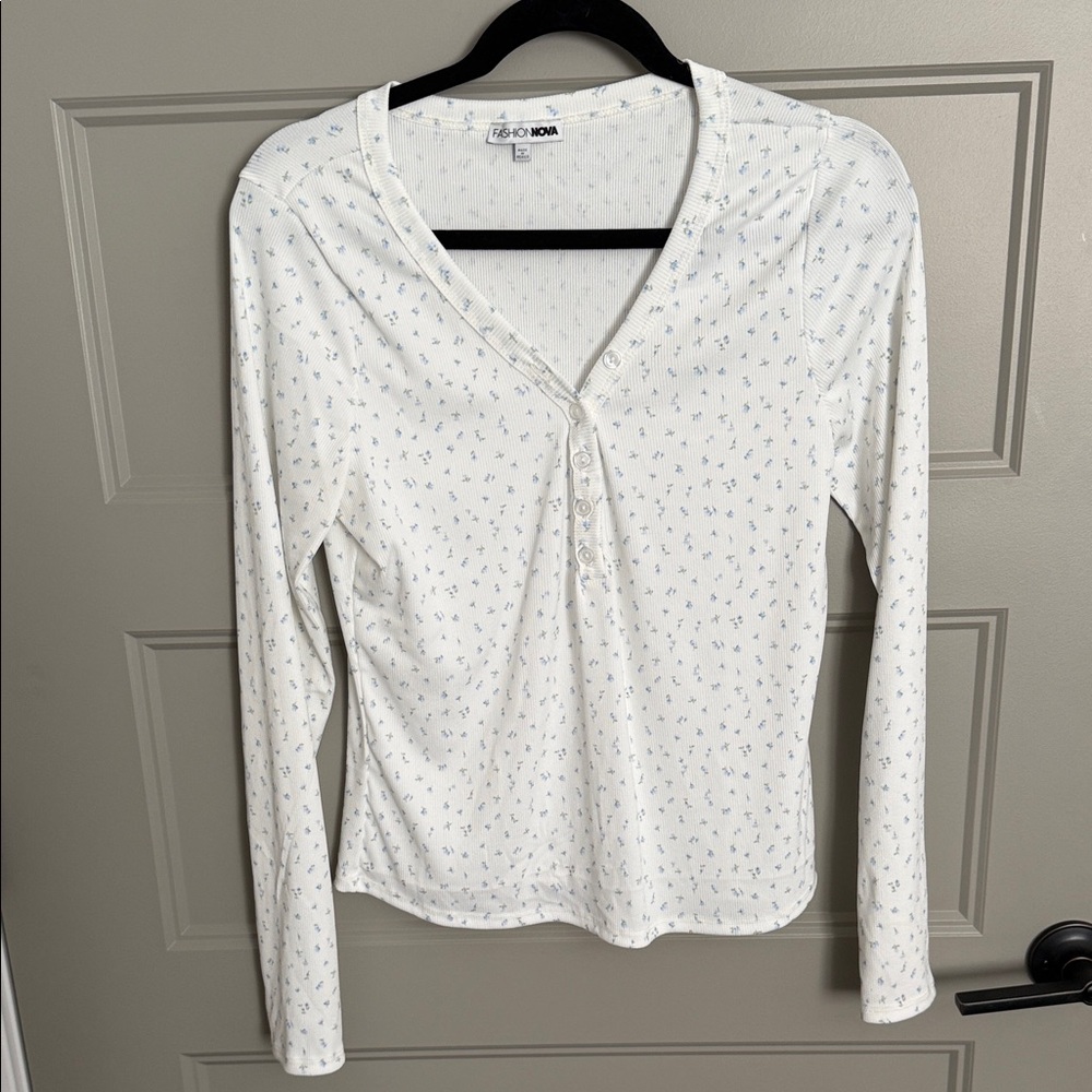 Fashion Nova White Button Down with Blue Pattern